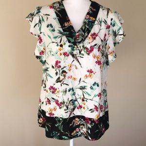 Dr2 Blouse S Bird Floral Print Contrasting Colors